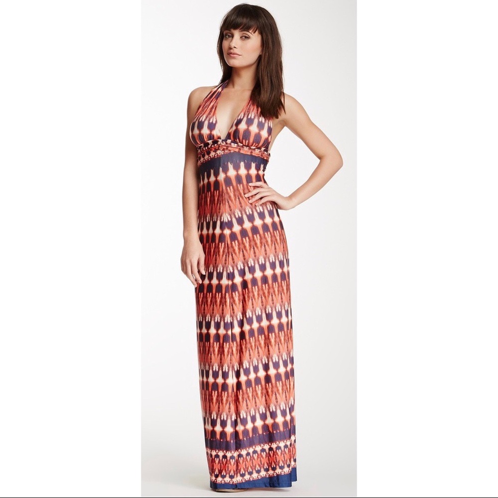 Vix Peach Pink Cream Blue Jersey Halter Maxi Dress